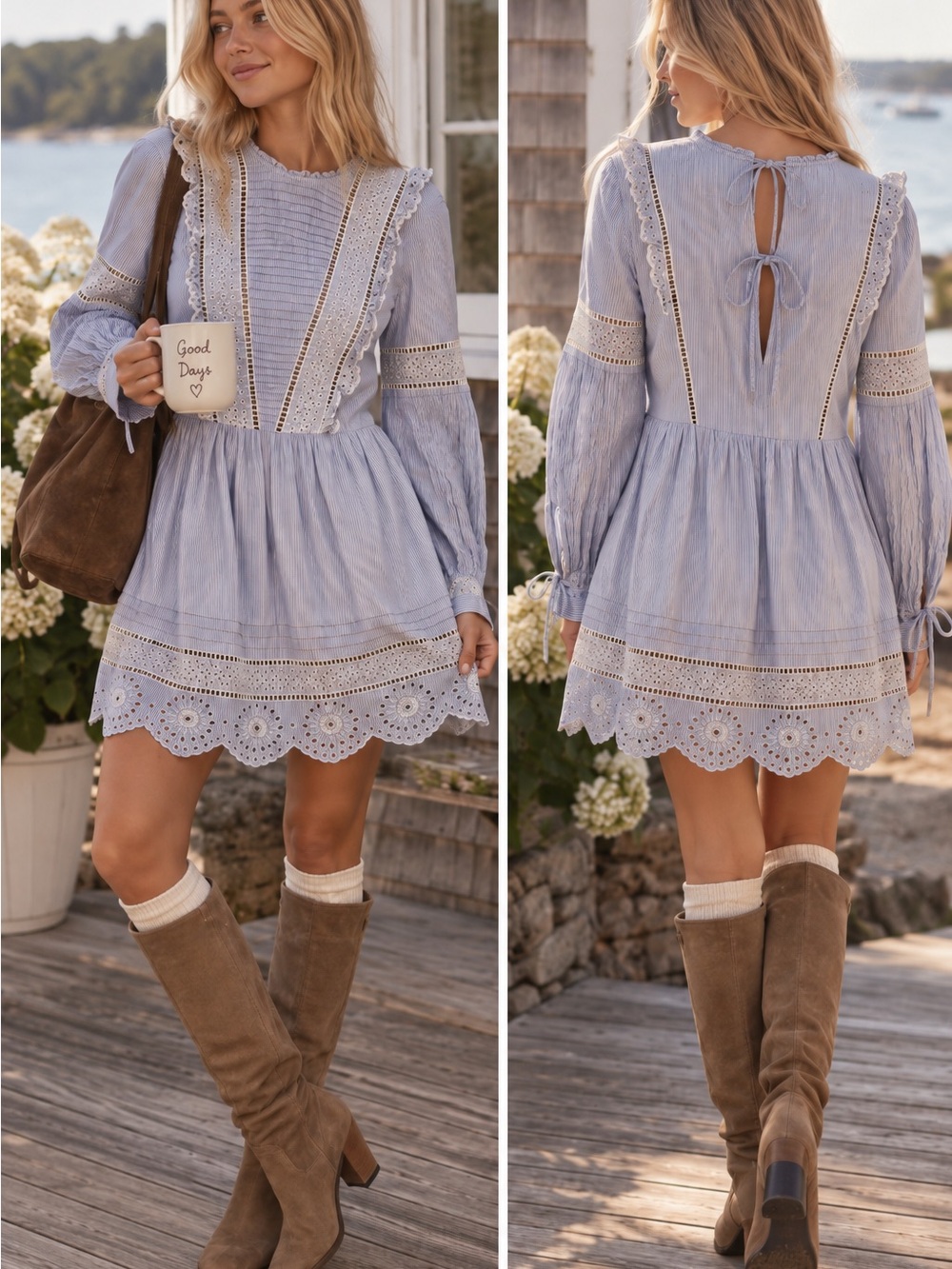 Topshop Blue Stripe Eyelet Lace Prairie Mini Dress |US 6| Coastal academia Fall